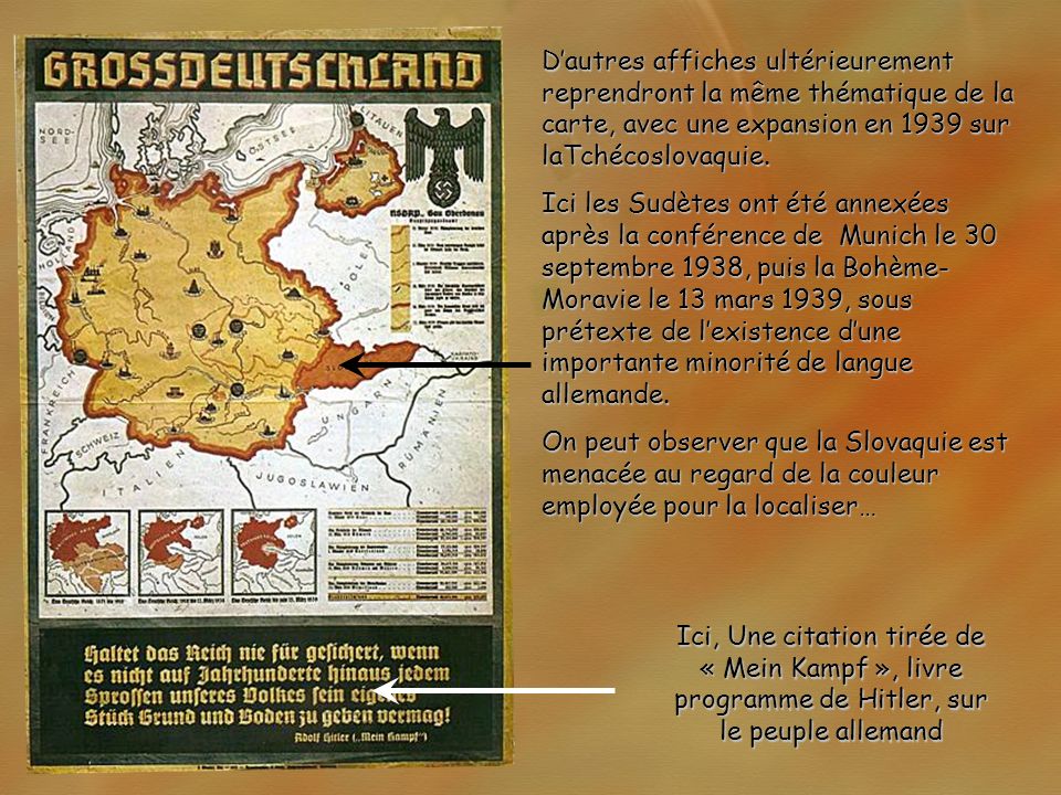 D’autres affiches ultérieurement reprendront la même thématique de la carte, avec une expansion en 1939 sur laTchécoslovaquie.