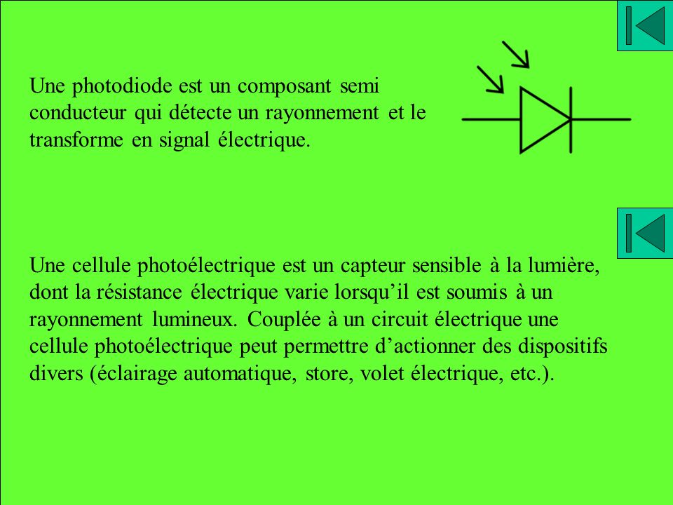 Une photodiode est un composant semi conducteur qui détecte un rayonnement et le transforme en signal électrique.