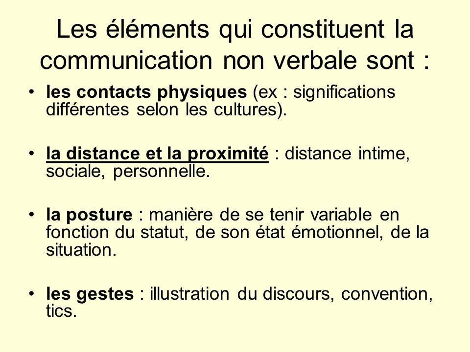 Les éléments qui constituent la communication non verbale sont :