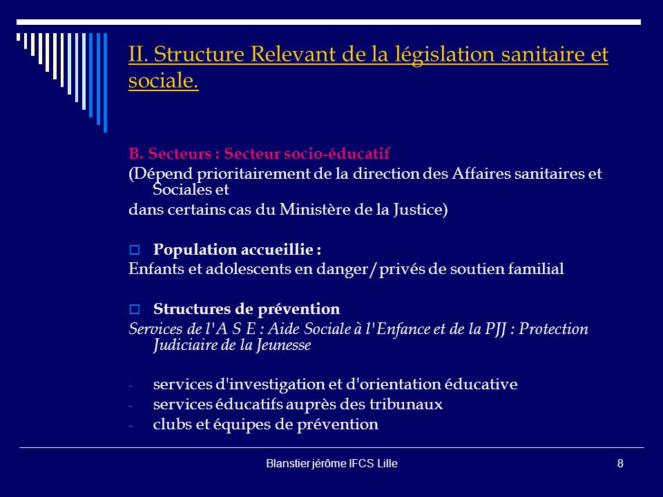 II. Structure Relevant de la législation sanitaire et sociale.