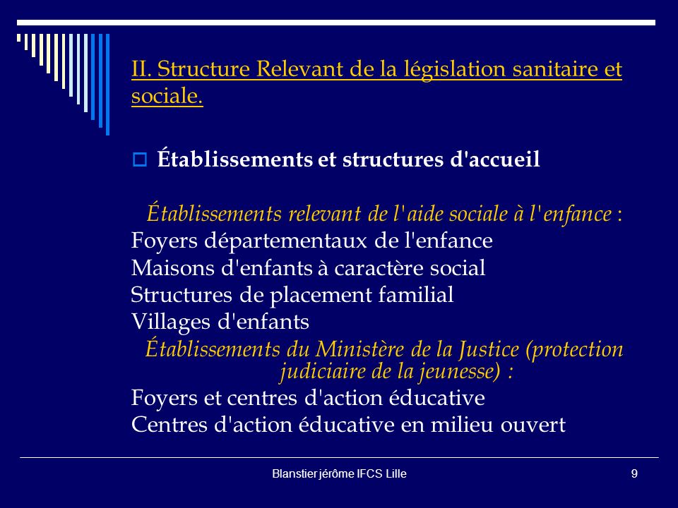 II. Structure Relevant de la législation sanitaire et sociale.