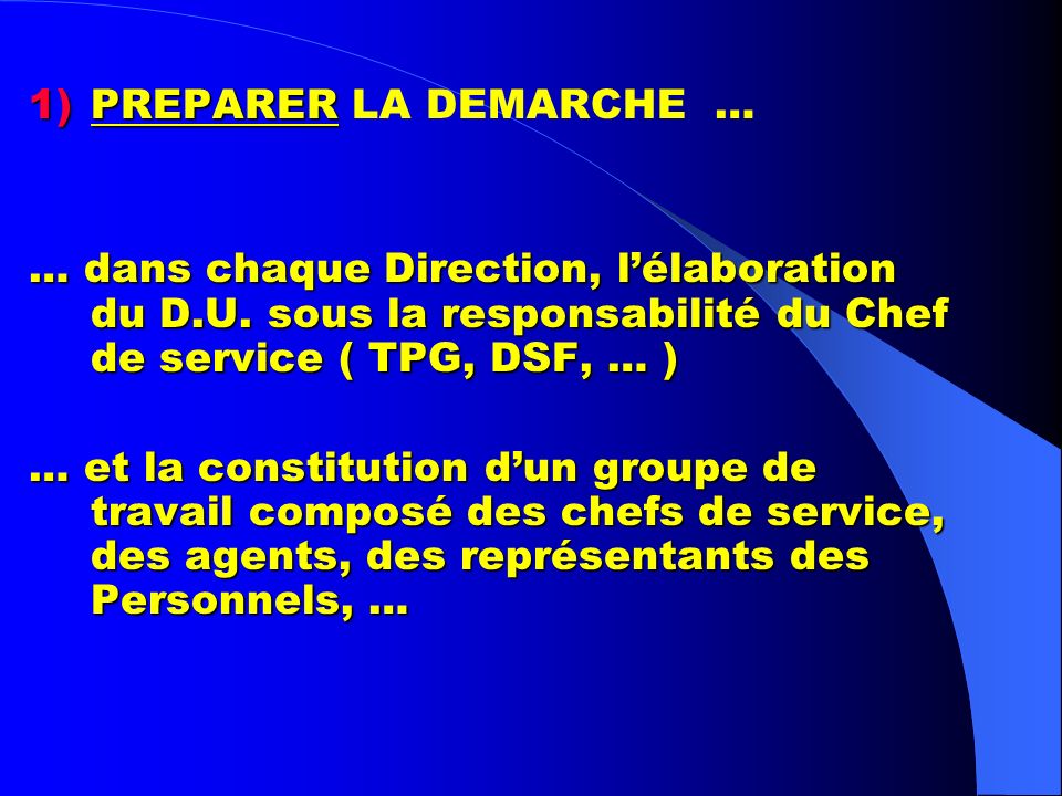 PREPARER LA DEMARCHE … … dans chaque Direction, l’élaboration du D.U. sous la responsabilité du Chef de service ( TPG, DSF, … )