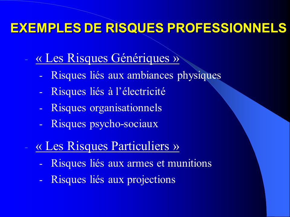 EXEMPLES DE RISQUES PROFESSIONNELS