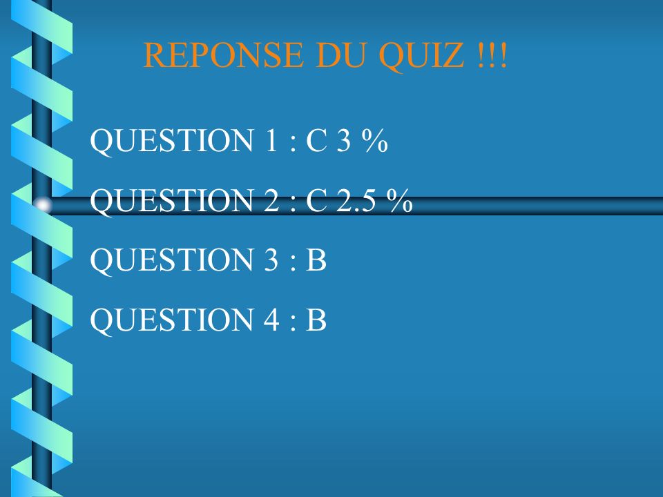 REPONSE DU QUIZ !!! QUESTION 1 : C 3 % QUESTION 2 : C 2.5 %