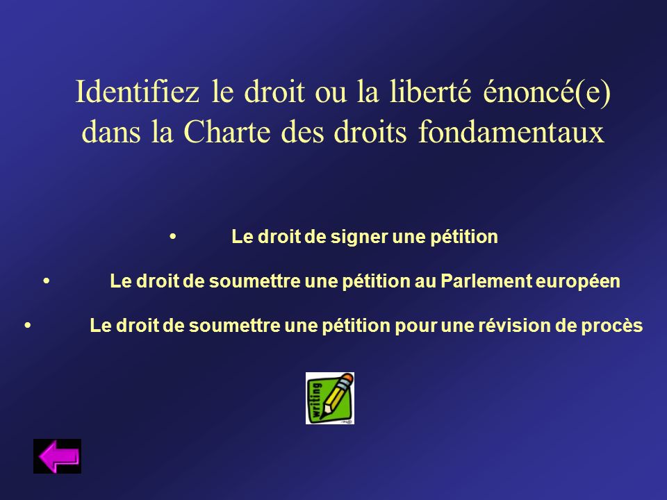 Identifiez le droit ou la liberté énoncé(e) dans la Charte des droits fondamentaux