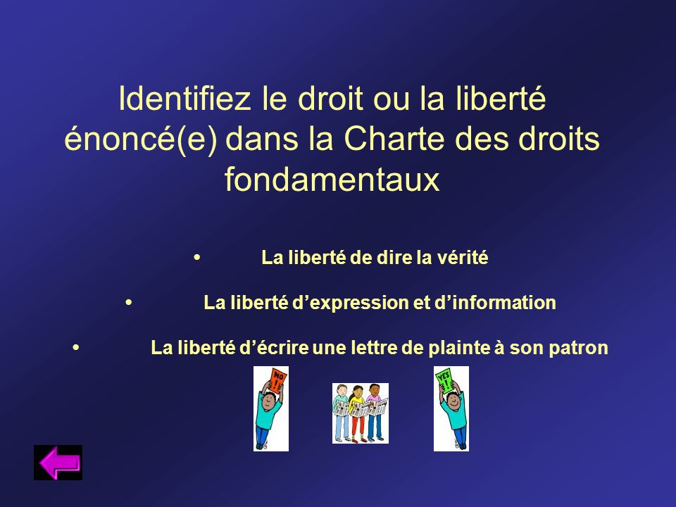 Identifiez le droit ou la liberté énoncé(e) dans la Charte des droits fondamentaux