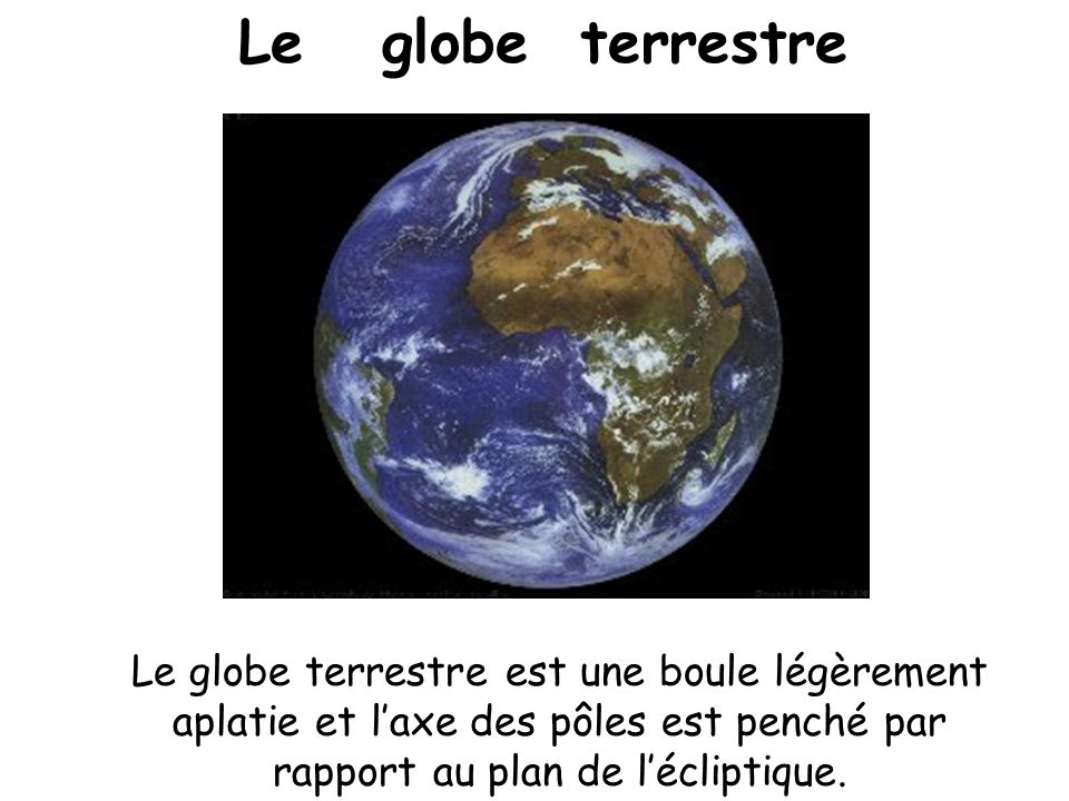 Le globe terrestre Le globe terrestre est une boule légèrement aplatie et l’axe des pôles est penché par rapport au plan de l’écliptique.