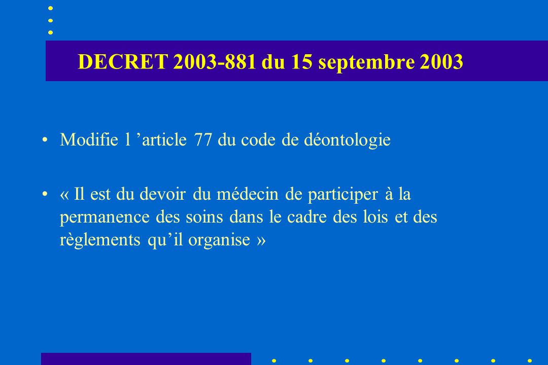 DECRET du 15 septembre 2003 Modifie l ’article 77 du code de déontologie.