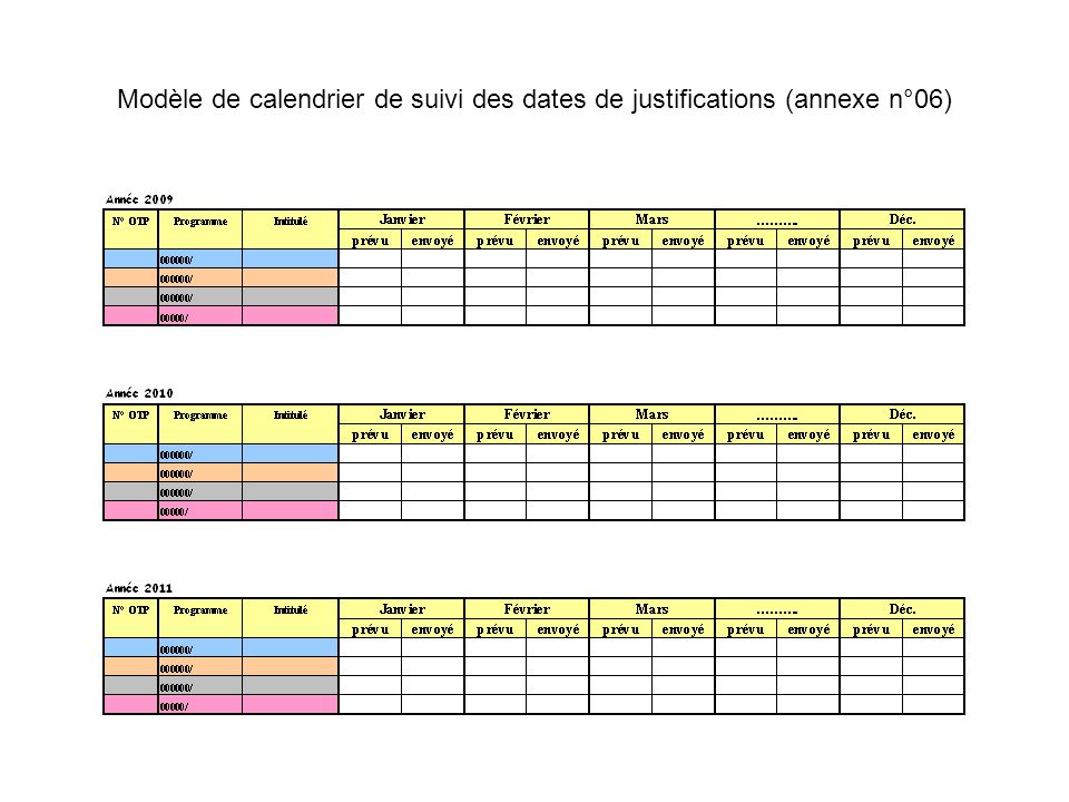 Modèle de calendrier de suivi des dates de justifications (annexe n°06)