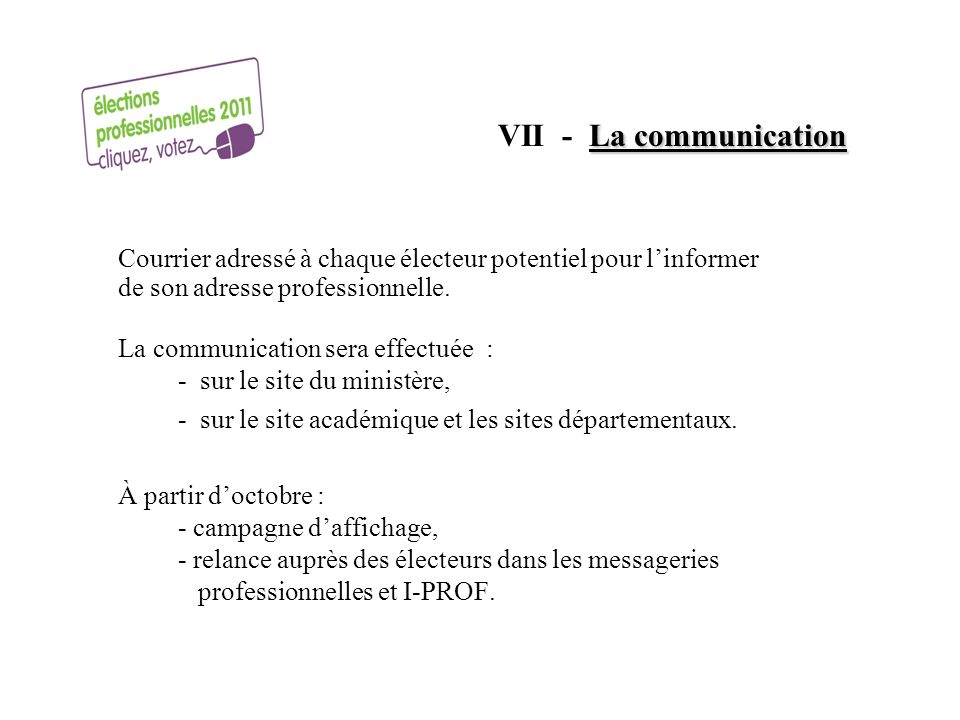 VII - La communication Courrier adressé à chaque électeur potentiel pour l’informer de son adresse professionnelle.