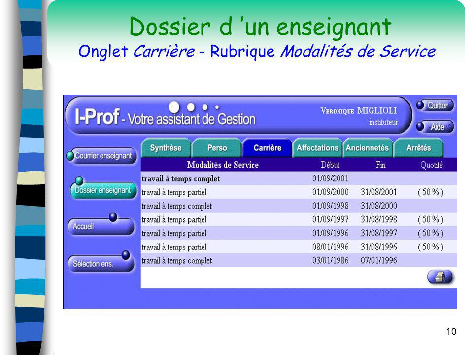 Dossier d ’un enseignant Onglet Carrière - Rubrique Modalités de Service