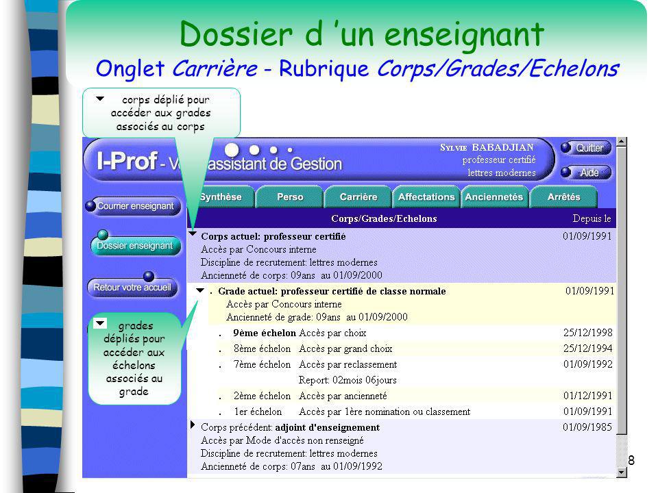 Dossier d ’un enseignant Onglet Carrière - Rubrique Corps/Grades/Echelons