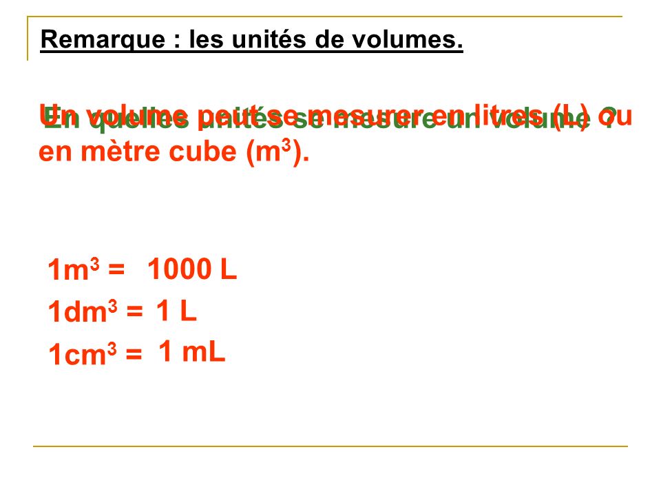 Un volume peut se mesurer en litres (L) ou en mètre cube (m3).