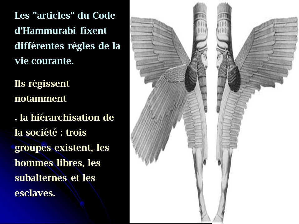 Les articles du Code d Hammurabi fixent différentes règles de la vie courante.