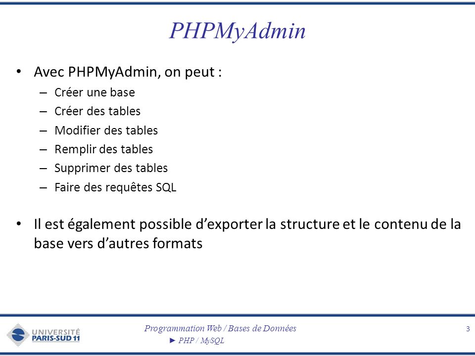 PHPMyAdmin Avec PHPMyAdmin, on peut :