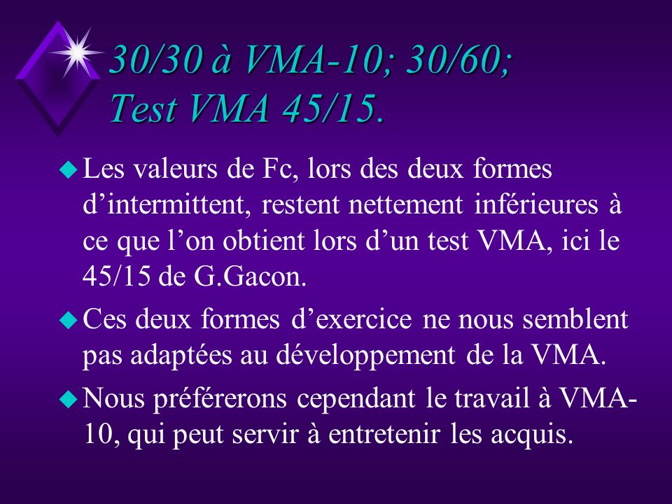 30/30 à VMA-10; 30/60; Test VMA 45/15.