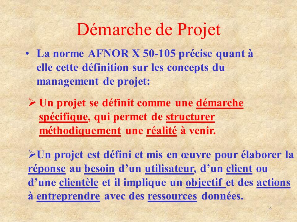 Démarche de Projet La norme AFNOR X précise quant à elle cette définition sur les concepts du management de projet: