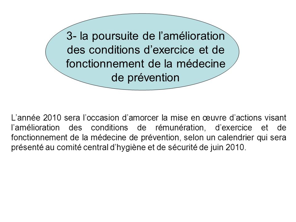 3- la poursuite de l’amélioration des conditions d’exercice et de fonctionnement de la médecine de prévention
