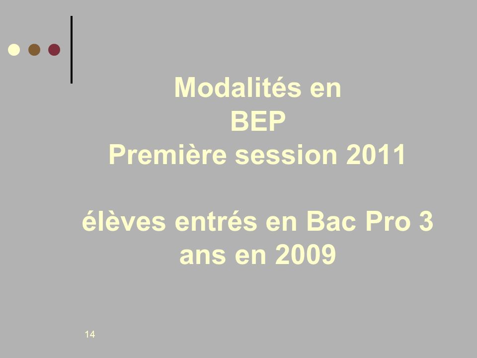 Modalités en BEP Première session 2011 élèves entrés en Bac Pro 3 ans en 2009