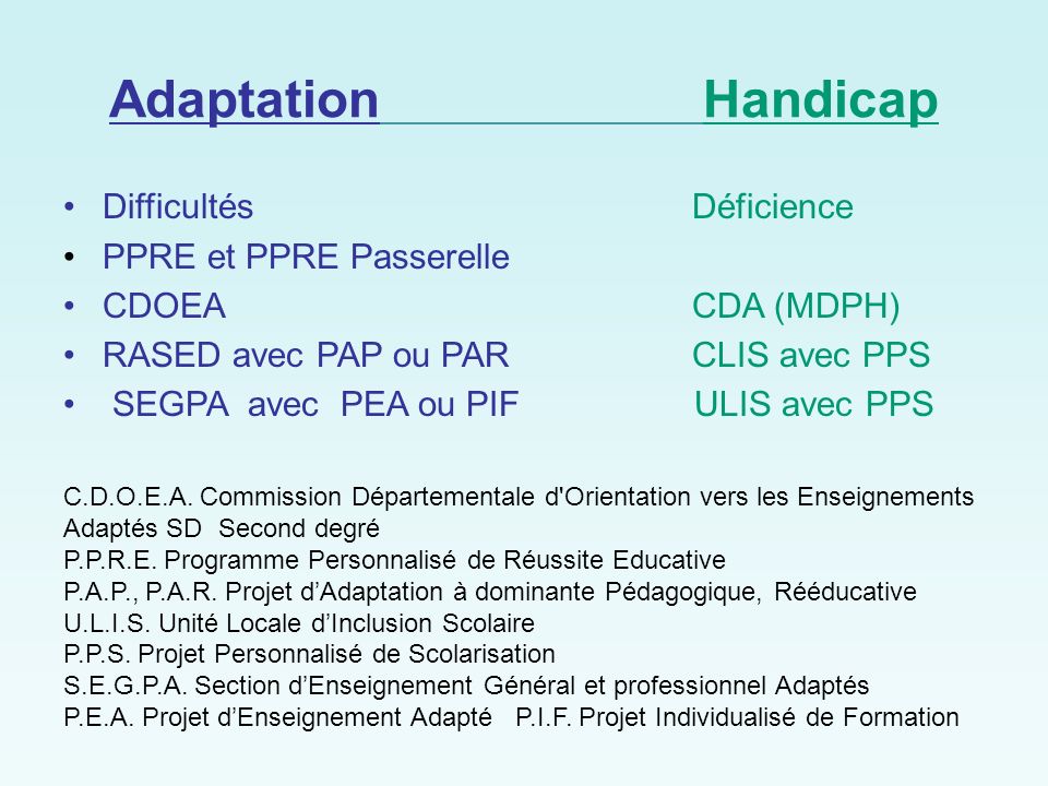 Adaptation Handicap Difficultés Déficience PPRE et PPRE Passerelle