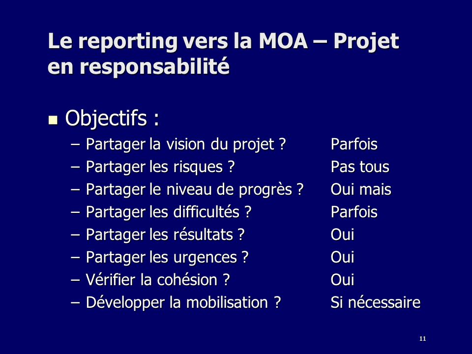 Le reporting vers la MOA – Projet en responsabilité