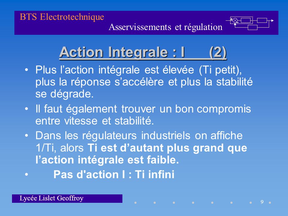 Action Integrale : I (2) Plus l’action intégrale est élevée (Ti petit), plus la réponse s’accélère et plus la stabilité se dégrade.