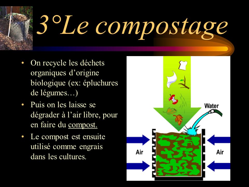 3°Le compostage On recycle les déchets organiques d’origine biologique (ex: épluchures de légumes…)