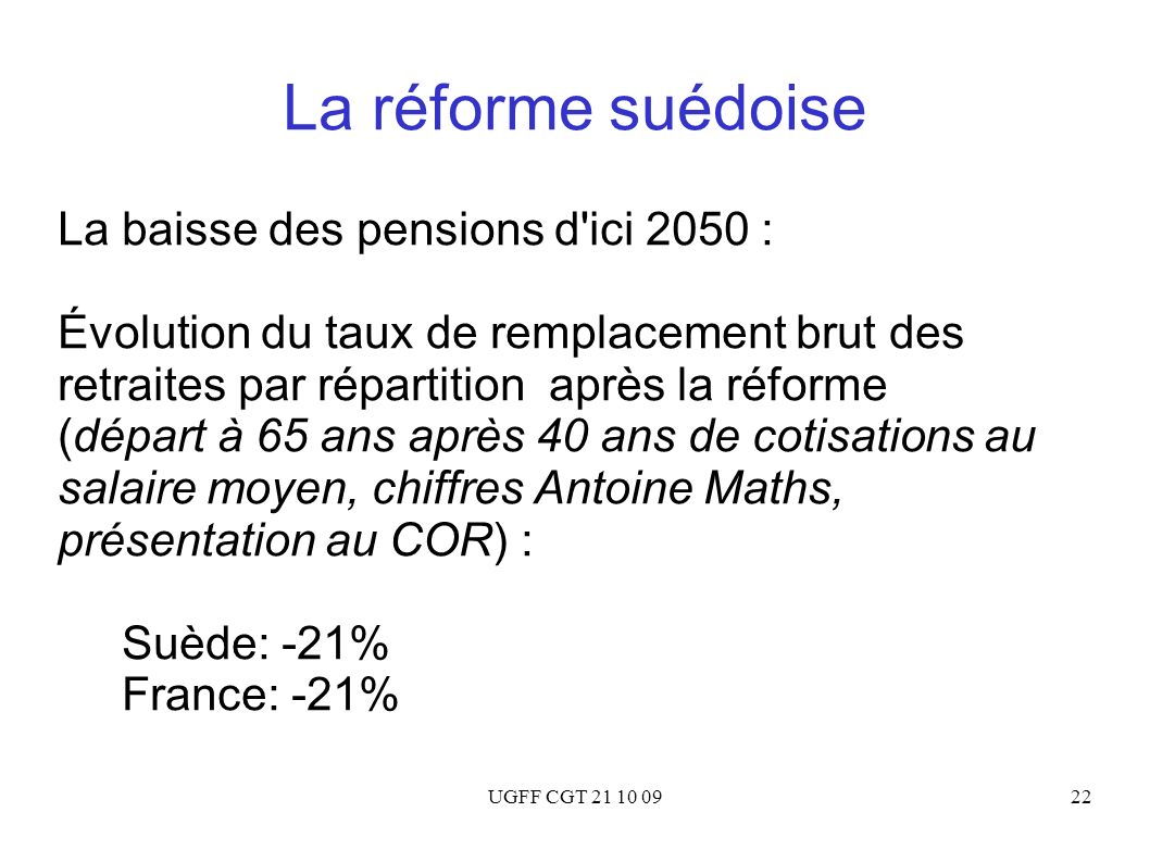La réforme suédoise La baisse des pensions d ici 2050 :