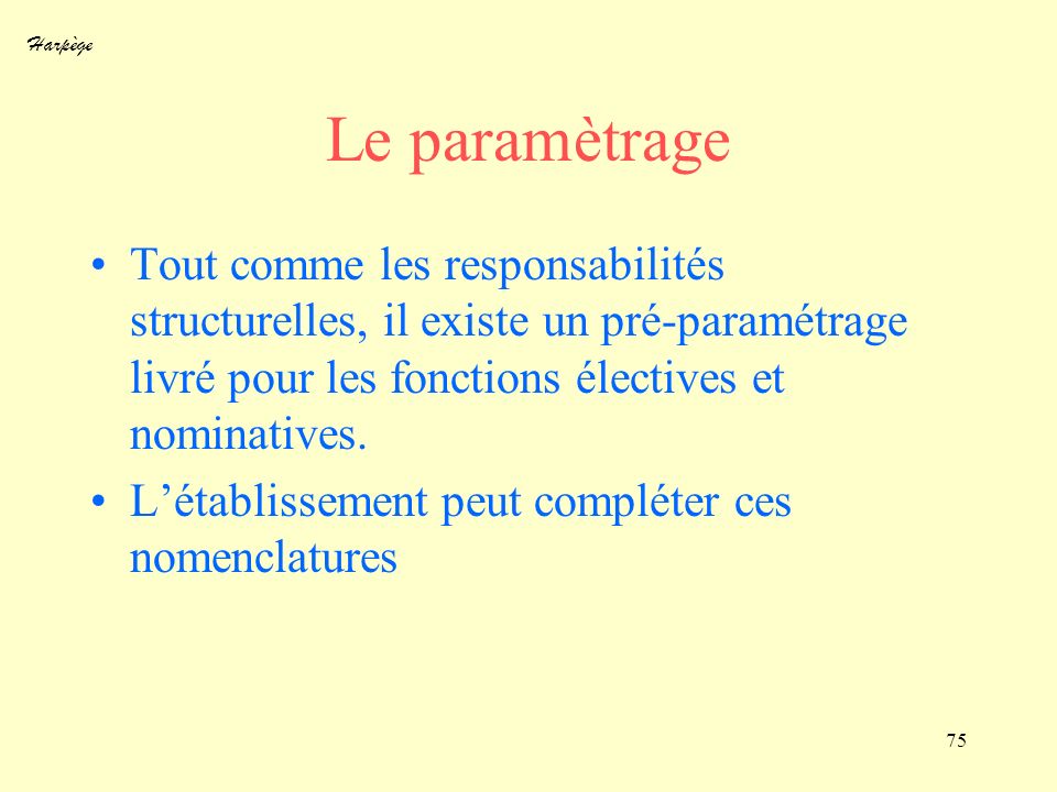 Le paramètrage Tout comme les responsabilités structurelles, il existe un pré-paramétrage livré pour les fonctions électives et nominatives.