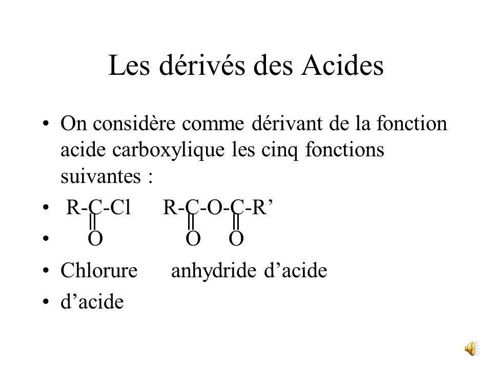 Les dérivés des Acides On considère comme dérivant de la fonction acide carboxylique les cinq fonctions suivantes :