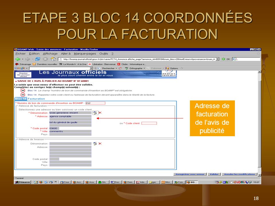 ETAPE 3 BLOC 14 COORDONNÉES POUR LA FACTURATION