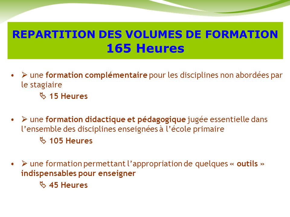 REPARTITION DES VOLUMES DE FORMATION 165 Heures