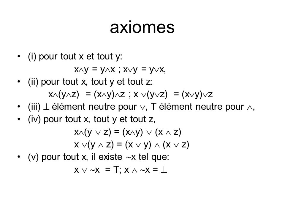 axiomes (i) pour tout x et tout y: xy = yx ; xy = yx,