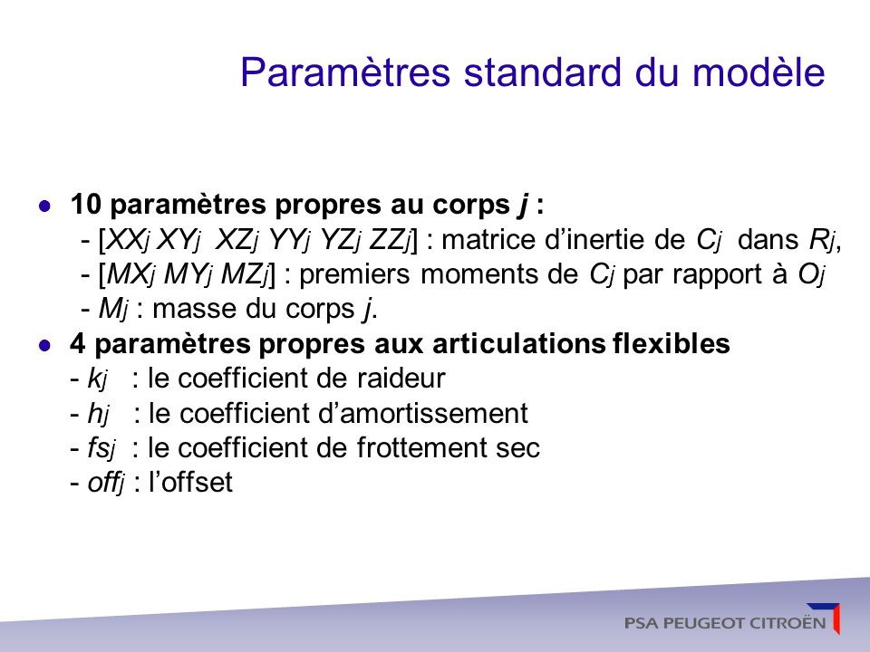 Paramètres standard du modèle