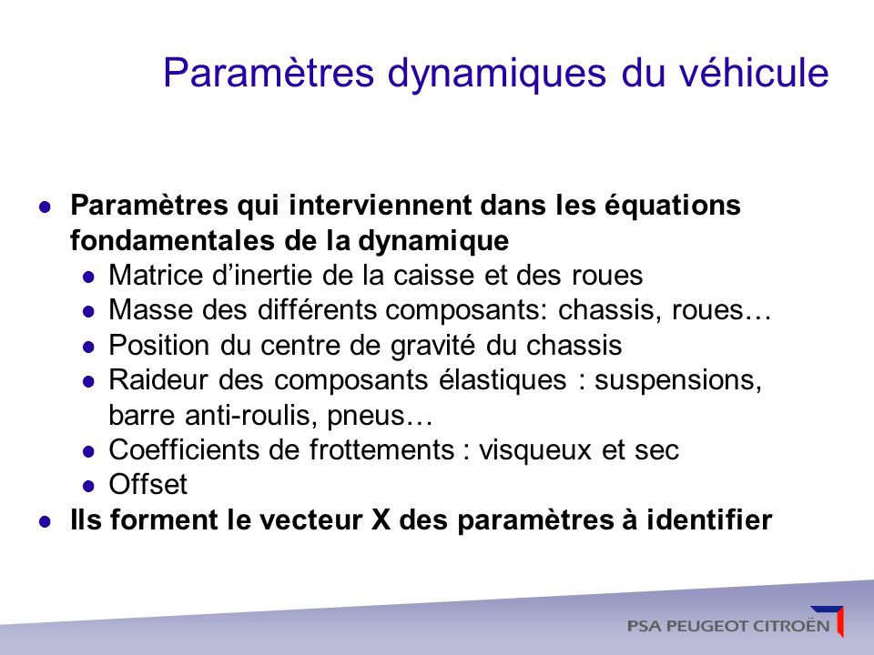 Paramètres dynamiques du véhicule