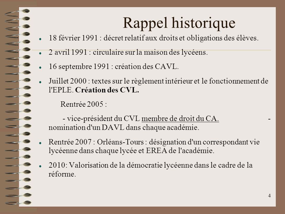 Rappel historique 18 février 1991 : décret relatif aux droits et obligations des élèves. 2 avril 1991 : circulaire sur la maison des lycéens.