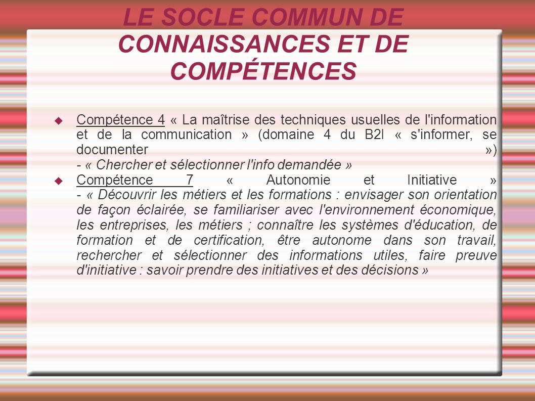LE SOCLE COMMUN DE CONNAISSANCES ET DE COMPÉTENCES