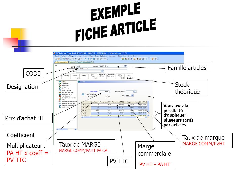 EXEMPLE FICHE ARTICLE Famille articles CODE Stock théorique