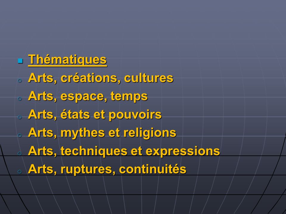 Thématiques Arts, créations, cultures. Arts, espace, temps. Arts, états et pouvoirs. Arts, mythes et religions.