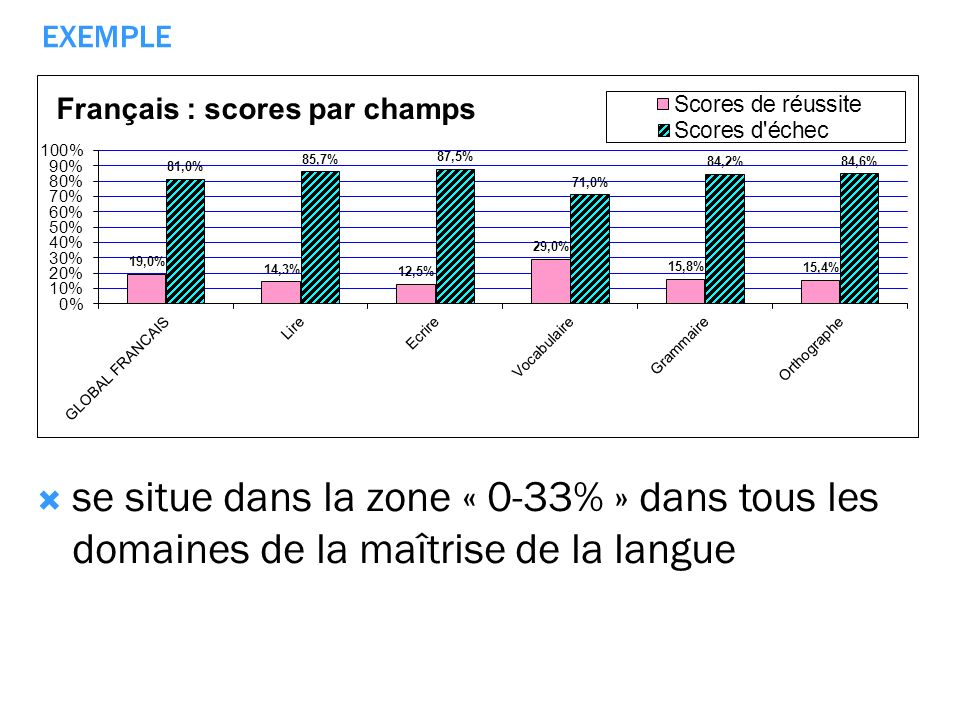 EXEMPLE se situe dans la zone « 0-33% » dans tous les domaines de la maîtrise de la langue