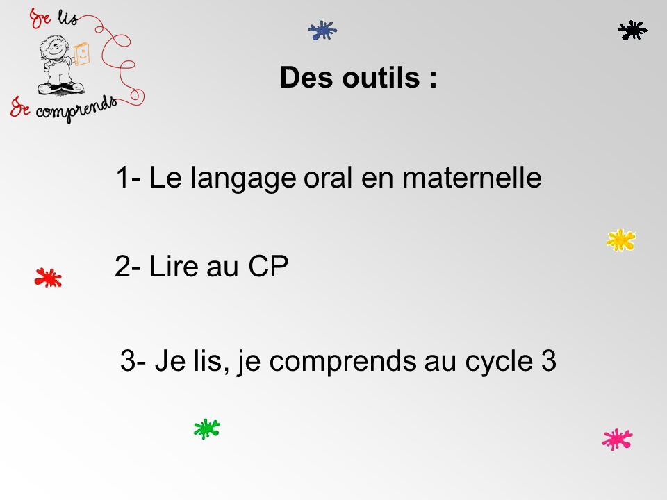 Des outils : 1- Le langage oral en maternelle 2- Lire au CP 3- Je lis, je comprends au cycle 3
