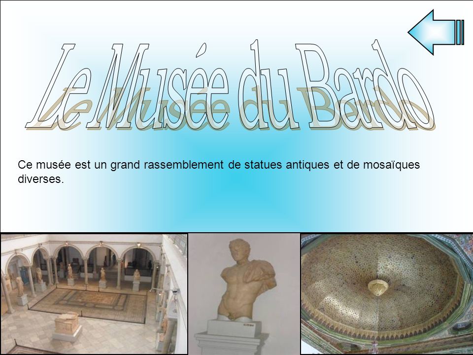 Le Musée du Bardo Ce musée est un grand rassemblement de statues antiques et de mosaïques diverses.
