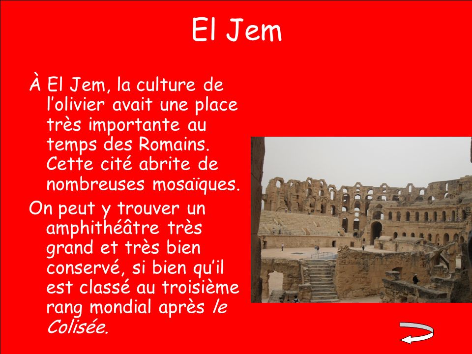 El Jem À El Jem, la culture de l’olivier avait une place très importante au temps des Romains. Cette cité abrite de nombreuses mosaïques.