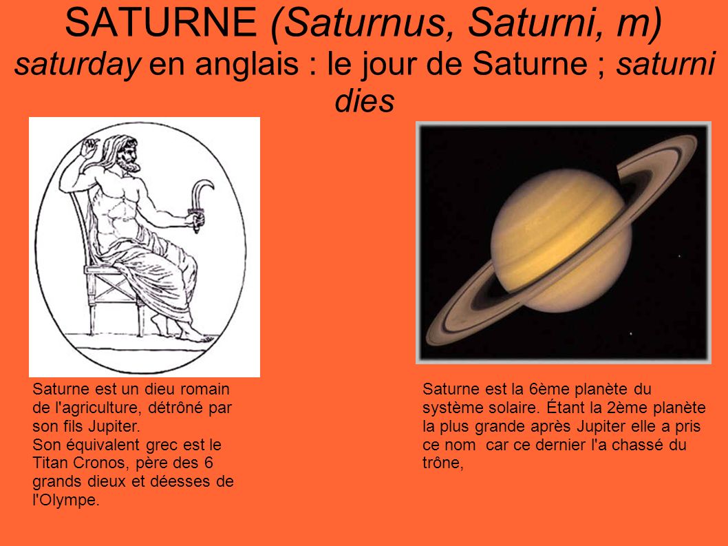 SATURNE (Saturnus, Saturni, m) saturday en anglais : le jour de Saturne ; saturni dies