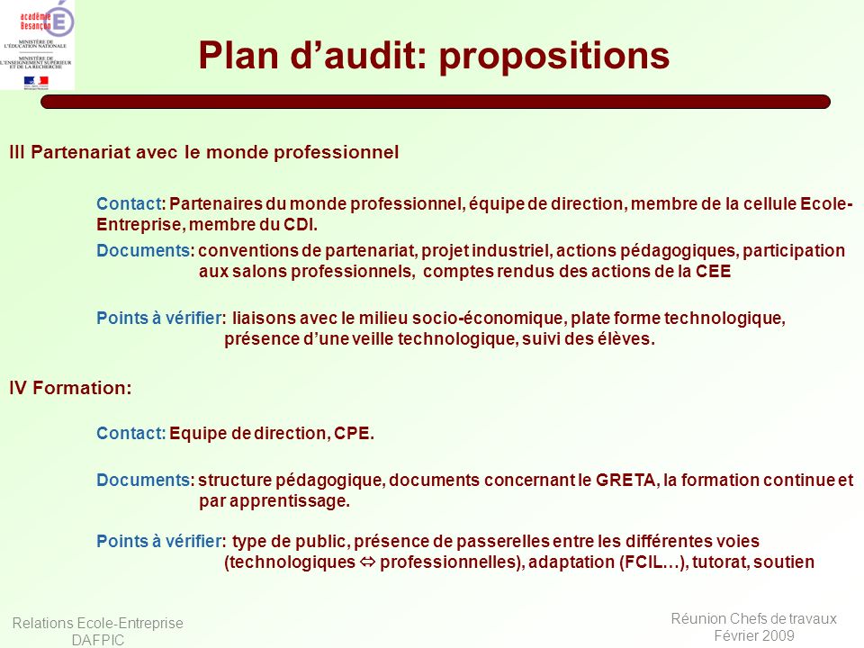 Plan d’audit: propositions