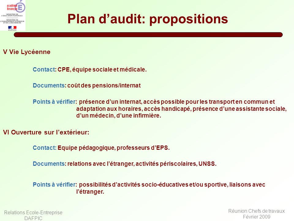 Plan d’audit: propositions