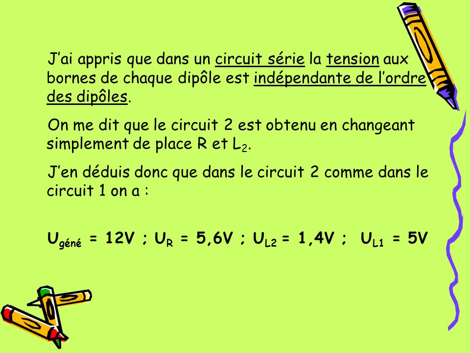 J’ai appris que dans un circuit série la tension aux bornes de chaque dipôle est indépendante de l’ordre des dipôles.