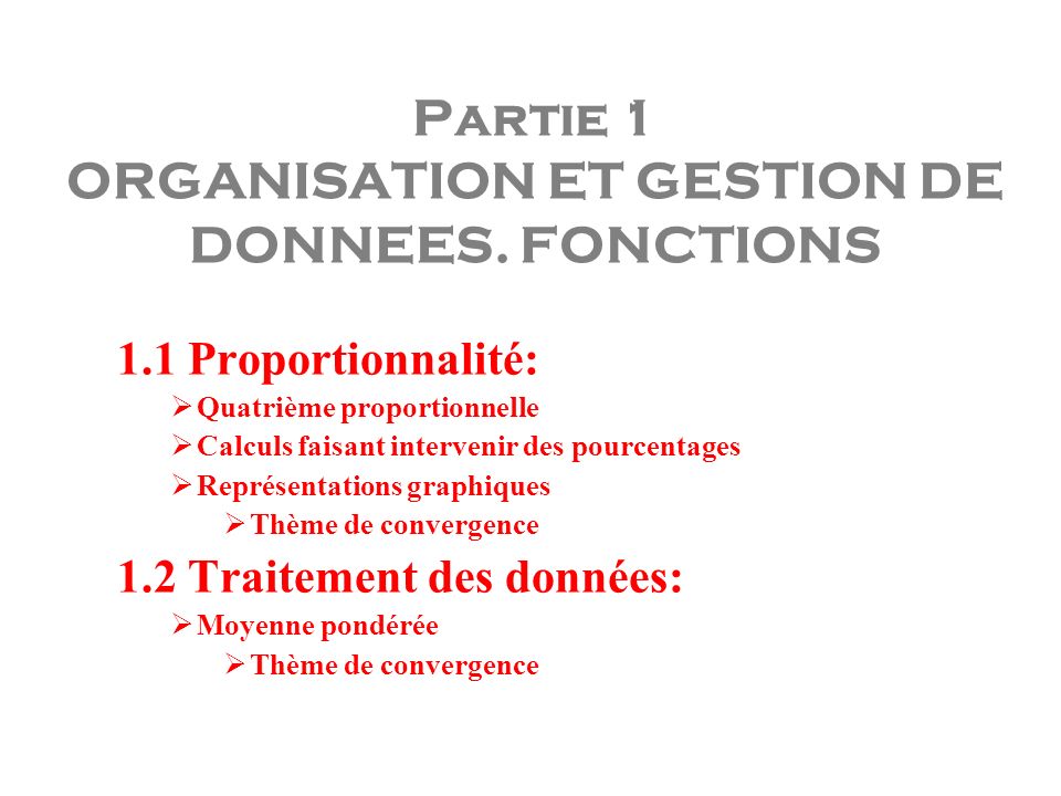 Partie 1 ORGANISATION ET GESTION DE DONNEES. FONCTIONS