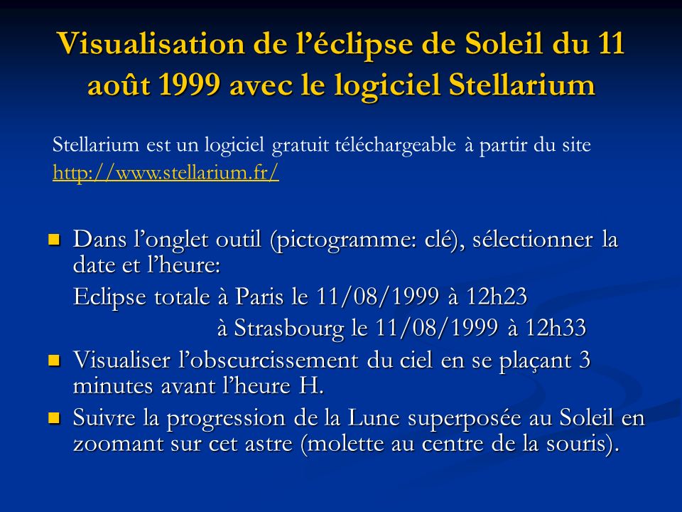 Visualisation de l’éclipse de Soleil du 11 août 1999 avec le logiciel Stellarium