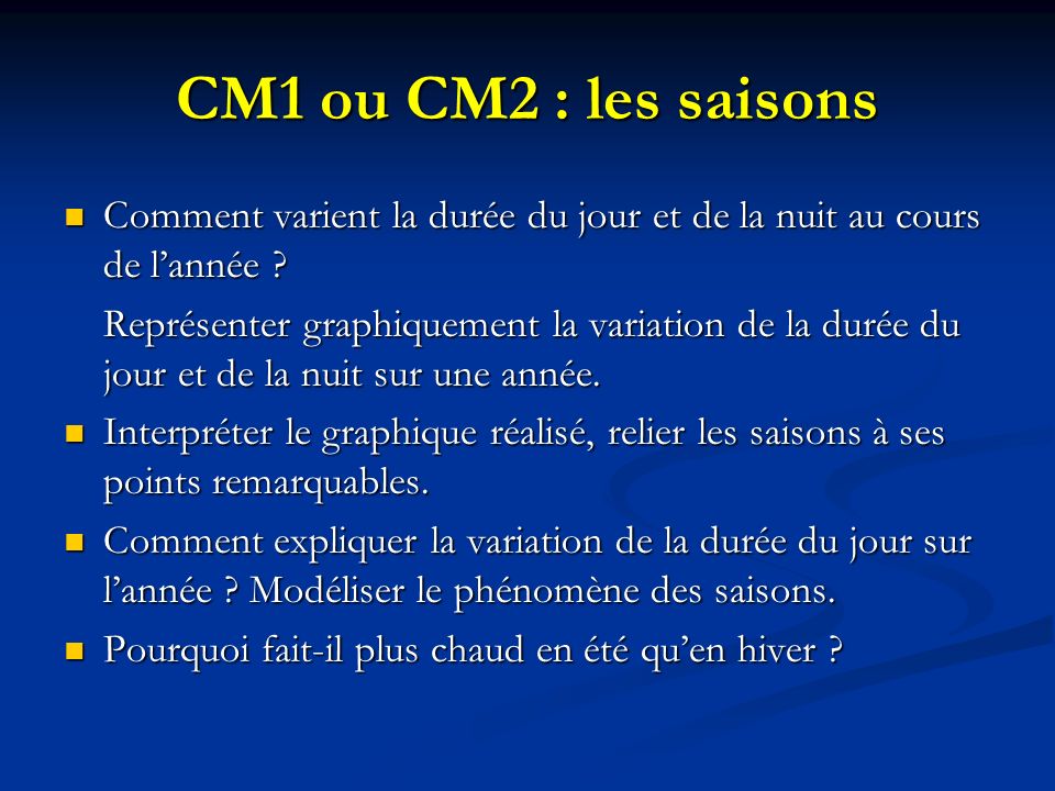 CM1 ou CM2 : les saisons Comment varient la durée du jour et de la nuit au cours de l’année